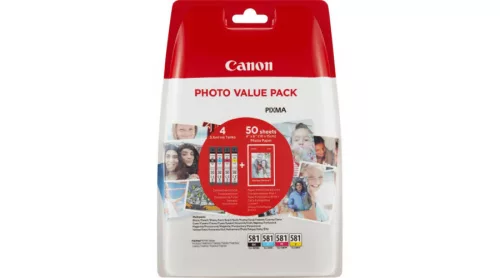 CANON® CLI-581 BCMY 4db-os EREDETI TINTAPATRON multipakk+50db fotópapír (≈ 965 oldal) ( 2106C005 )