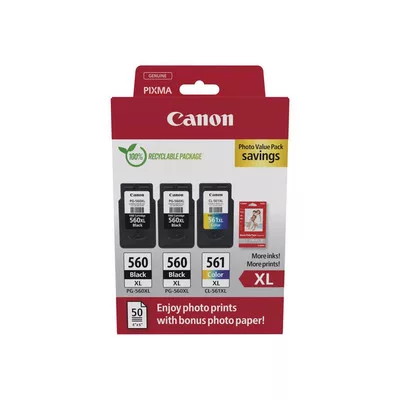 Canon 2db PG-560XL + 1db CL-561XL EREDETI Tintapatron Multipakk + ►50 lap A6-os fényes fotópapír (2x14,3 ml (fekete) + 1x12,2 ml (színes))