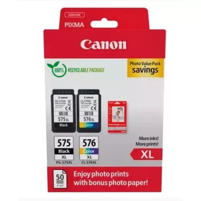 Canon PG-575XL+CL-576XL fekete+színes ►EREDETI◄ tintapatronok +10x15 GP501 fotópapír multipakk (~400 + ~300 oldal)  PG575XL+CL576XL