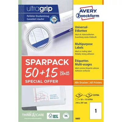 Etikett, univerzális, 210x297 mm, AVERY ZWECKFORM, "Sparpack", 65 etikett/csomag 65 lap
