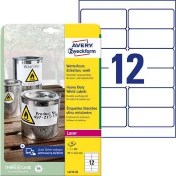   Etikett, 99,1x42,3 mm, poliészter, időjárásálló, AVERY ZWECKFORM, fehér, 240 etikett/csomag 20 lap