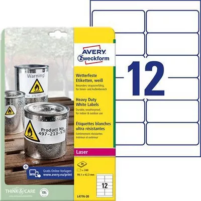 Etikett, 99,1x42,3 mm, poliészter, időjárásálló, AVERY ZWECKFORM, fehér, 240 etikett/csomag 20 lap