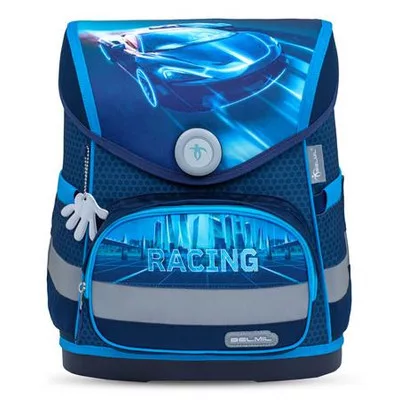 Iskolatáska, mágneszárral, BELMIL "Compact Racing Blue Neon", versenyautó