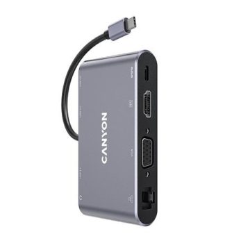   USB elosztó-HUB, USB-C/USB 3.0/HDMI/VGA/Ethernet/audio, CANYON "DS-14"