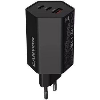   Hálózati töltő, 1xUSB-A, 2xUSB-C, 65W, CANYON "Hexagon 65", fekete