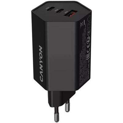 Hálózati töltő, 1xUSB-A, 2xUSB-C, 65W, CANYON "Hexagon 65", fekete