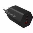 Hálózati töltő, 1xUSB-A, 2xUSB-C, 65W, CANYON "Hexagon 65", fekete