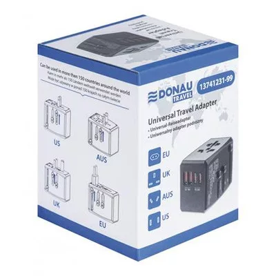 Utazóadapter, univerzális, gyorstöltő, DONAU "Travel 904", fekete 1 db