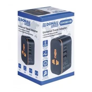   Utazóadapter, univerzális,  DONAU "Travel 205", fekete 1 db