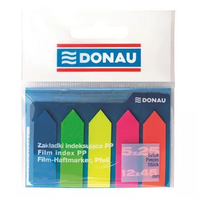 Jelölőcímke, műanyag, nyíl forma, 5x25 lap, 12x45 mm, DONAU, neon szín 125 lap