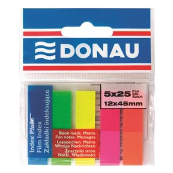   Jelölőcímke, műanyag, 5x25 lap, 12x45 mm, DONAU, neon szín 125 lap