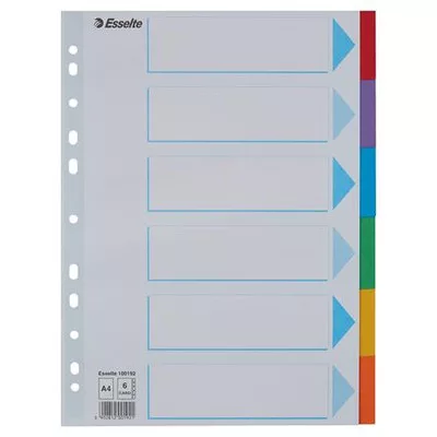 Regiszter, karton, A4, 6 részes, írható előlappal, ESSELTE "Standard", színes