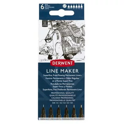 Tűfilc szett, 0,05/0,1/0,2/ 0,3/0,5/0,8 mm, DERWENT "Line Marker", fekete 6 db