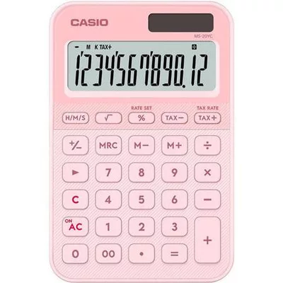 Számológép, asztali, 12 számjegy, CASIO, "MS 20 YC", világos rózsaszín 1 db