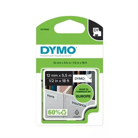 Feliratozógép szalag, tartós poliészter 12 mm x 5,5 m, DYMO "D1", fehér-fekete 1 db