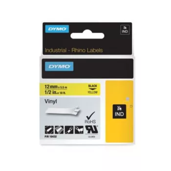   Feliratozógép szalag, vinil, 12 mm  x 5,5 m,  DYMO "Rhino",  sárga-fekete