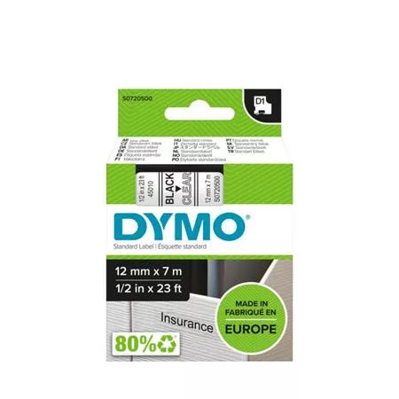 Feliratozógép szalag, 12 mm x 7 m, DYMO "D1", víztiszta-fekete 1 db