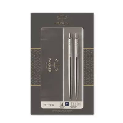 Golyóstoll és nyomósirón szett, díszdoboz, rozsdamentes acél tolltest, PARKER "Royal Jotter", kék 2 db