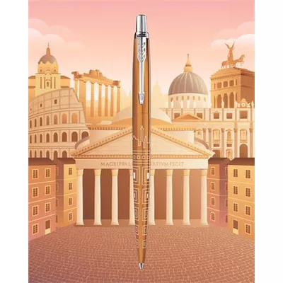 Golyóstoll, 0,7 mm, ezüst színű klip, mintás tolltest, PARKER, "Royal Jotter Róma", kék 1 db