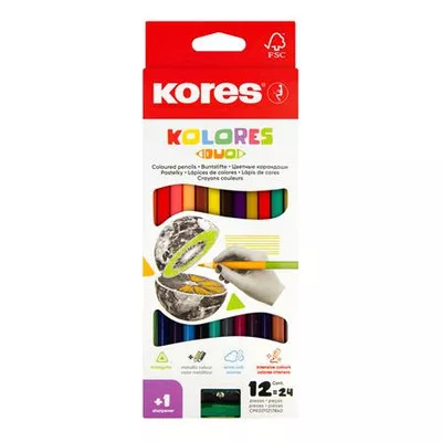 Színes ceruza készlet, kétvégű, háromszögletű, KORES "Duo", 24 különböző szín 12 db