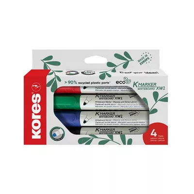 Tábla- és flipchart marker készlet, 3 mm, kúpos, KORES "ECO K-Marker XW1", 4 különböző szín