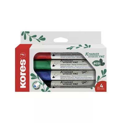 Tábla- és flipchart marker készlet, 3-5 mm, vágott, KORES "ECO K-Marker XW2", 4 különböző szín