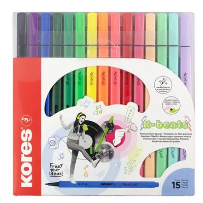 Filctoll készlet, kimosható, KORES "K-beats", 15 különböző szín 15 db