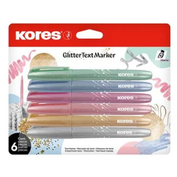   Szövegkiemelő készlet, 3-5 mm, KORES "Glitter", 6 különböző csillámos szín 6 db