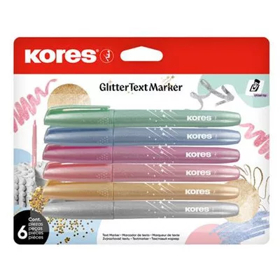 Szövegkiemelő készlet, 3-5 mm, KORES "Glitter", 6 különböző csillámos szín 6 db