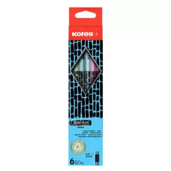   Grafitceruza radírral, HB, háromszögletű, KORES "Style Cracked", vegyes metál színek 6 db