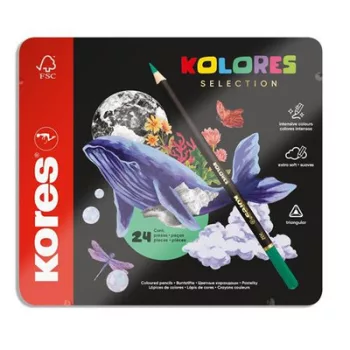   Színes ceruza készlet, háromszögletű, fém doboz, KORES "Kolores Selection", 24 különböző szín 24 db