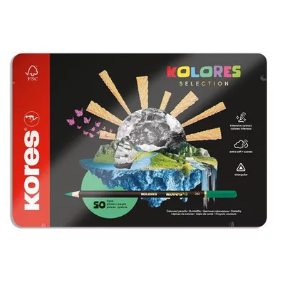 Színes ceruza készlet, háromszögletű, fém doboz, KORES "Kolores Selection", 50 különböző szín 50 db