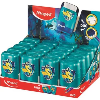 Hegyező és radír display, kétlyukú, tartályos, MAPED "Connect Dragon", sárkány 20 db