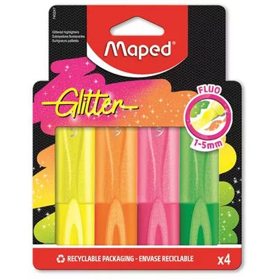Szövegkiemelő készlet, 1-5 mm, MAPED "Glitter Fluo Peps", vegyes fluoreszkáló színek 4 db