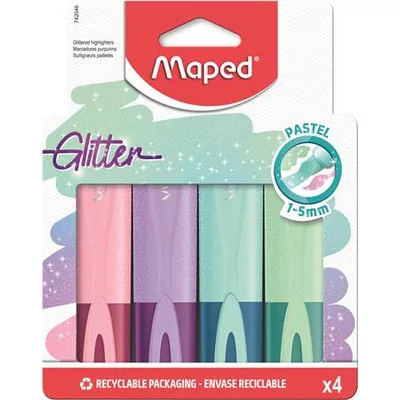Szövegkiemelő készlet, 1-5 mm, MAPED "Glitter Fluo Peps", vegyes pasztell színek (szín nem választható) 4 db