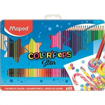   Színes ceruza készlet, háromszögletű, fém doboz, MAPED "Color'Peps Star", 48 különböző szín