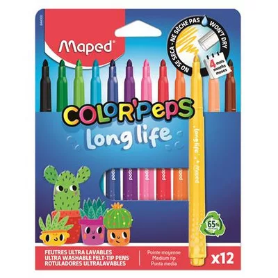 Filctoll készlet, 3,7 mm, kimosható, MAPED „Color'Peps Long Life 2”, 12 különböző szín 12 db