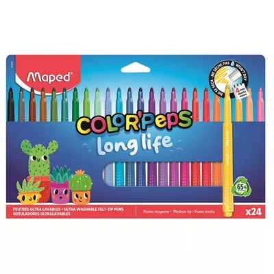 Filctoll készlet, 3,7 mm, kimosható, MAPED „Color'Peps Long Life 2”, 24 különböző szín 24 db