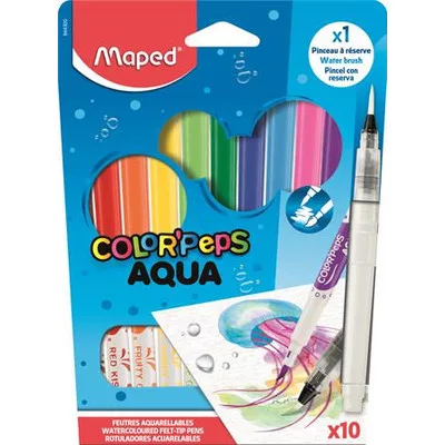 Akvarell filctoll készlet, 3,6 mm, ecsettel, MAPED "Color'Peps Aqua", 10 különböző szín 10 db