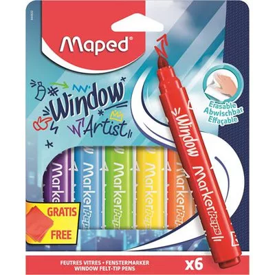 Ablakfilc készlet, vastag, törlőkendővel, 5 mm, MAPED "Marker'Peps", 6 különböző szín 6 db