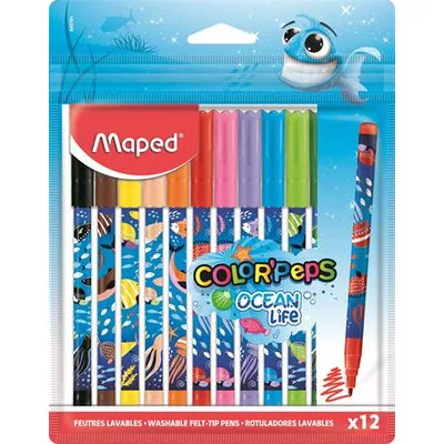 Filctoll készlet, 2 mm, kimosható, MAPED "Color'Peps Ocean Life", 12 különböző szín 12 db