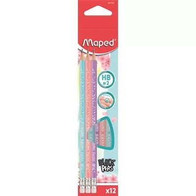 Grafitceruza radírral, HB, háromszögletű, MAPED "Black'Peps Pastel", vegyes pasztell színek (szín nem választható) 12 db