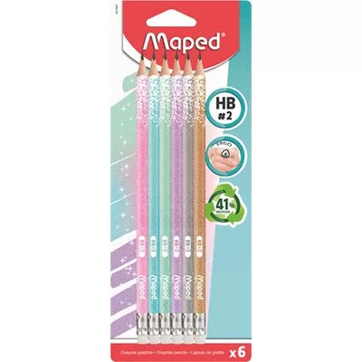 Grafitceruza radírral, HB, háromszögletű, MAPED "Black'Peps Glitter Deco", vegyes pasztell színek (szín nem választható) 6 db