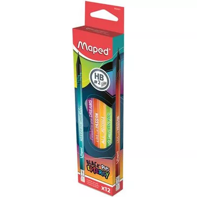 Grafitceruza radírral, HB, háromszögletű, MAPED "Black'Peps Energy", 6 különböző minta 12 db