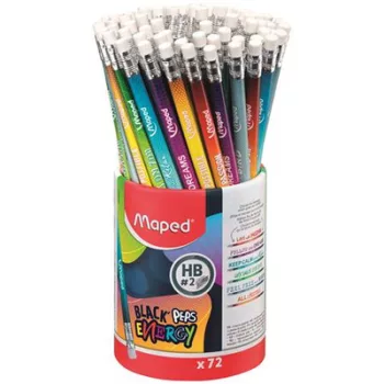   Grafitceruza radírral, ceruzatartó, HB, háromszögletű, MAPED "Black'Peps Energy", 6 különböző minta 72 db