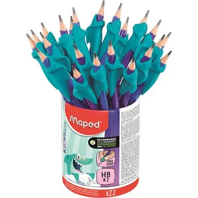 Grafitceruza radírral és ceruzafogóval, ceruzatartó, HB, háromszögletű, MAPED "Kidy Learn" 22 db
