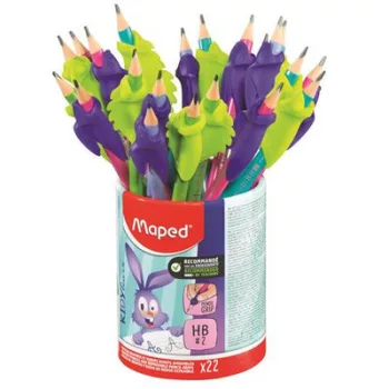   Írástanuló grafitceruza radírral, ceruzatartó, HB, háromszögletű, ceruzafogóval, MAPED "Kidy Learn", vegyes színek (szín nem választható) 22 db