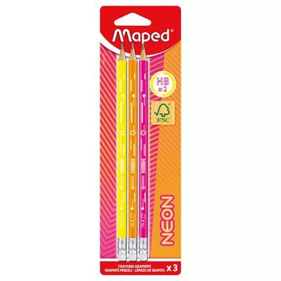 Grafitceruza radírral, HB, háromszögletű, MAPED "Black'Peps Neon", vegyes színek (szín nem választható) 3 db