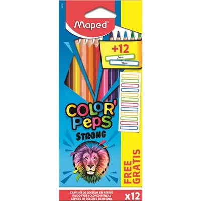 Színes ceruza készlet, háromszögletű, MAPED, "Color'Peps Strong" 12 különböző szín + 12 ajándék matrica 12 db