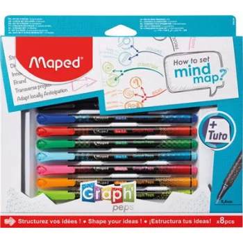   Tűfilc készlet, 0,4 mm, MAPED "Graph'Peps - How to Mind Map Box", 8 különböző szín 8 db